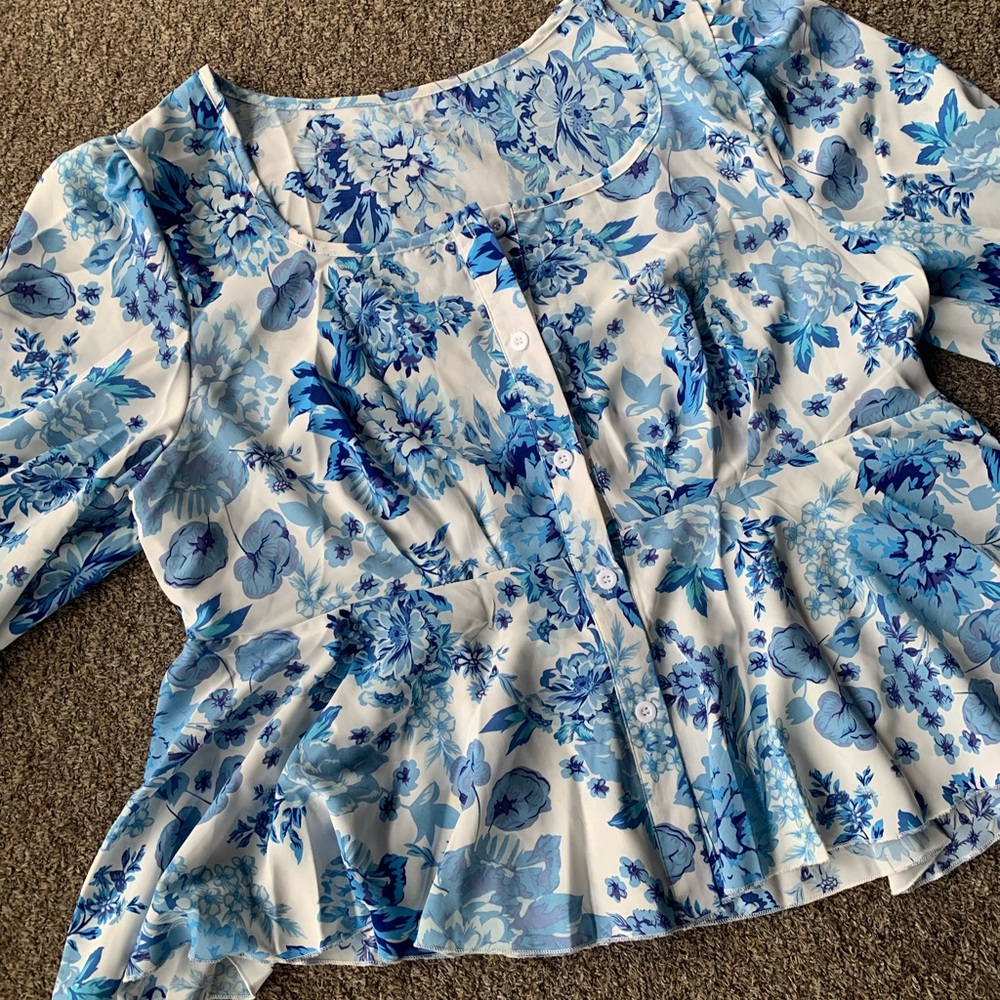 Women's Plus Size Floral Flounce Long Sleeve Button Front Peplum Blouse Top  1XL - Picture 4 of 7